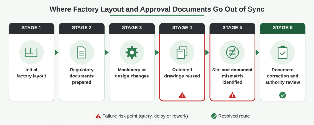 Six-stage flow showing how factory layout and approval documents go out of sync